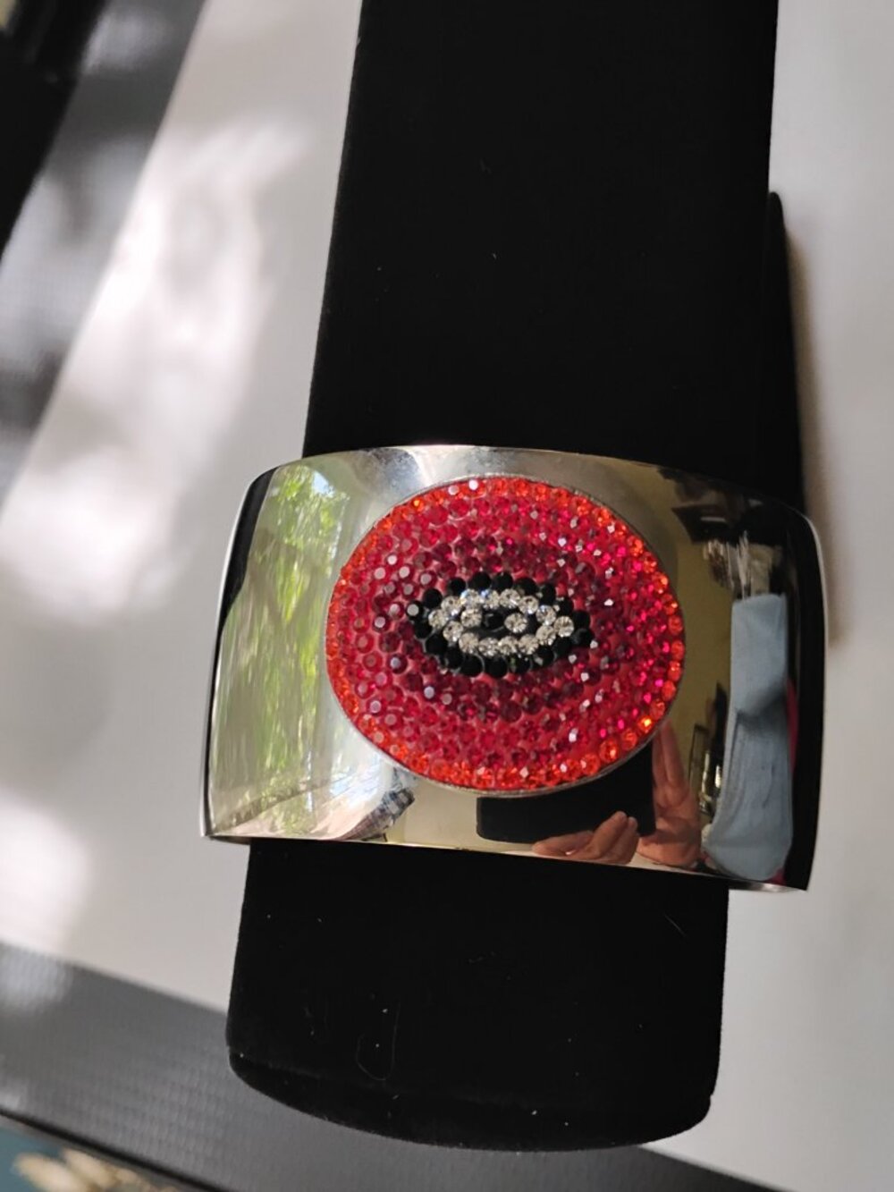 Shiny Silvertone Cuff Bangle with Red Beaded Eye - Picture 2 of 4